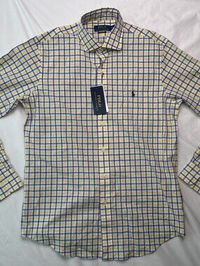 Polo Ralph Lauren Mens Small Classic Fit Plaid Button Down Shirt Yellow Blue NWT